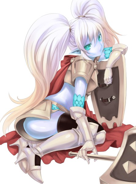 Anime picture 1019x1373 with league of legends poppy (league of legends) nr noir single long hair tall image looking at viewer blue eyes blonde hair white background braid (braids) pointy ears twin braids girl armor cloak shield hammer
