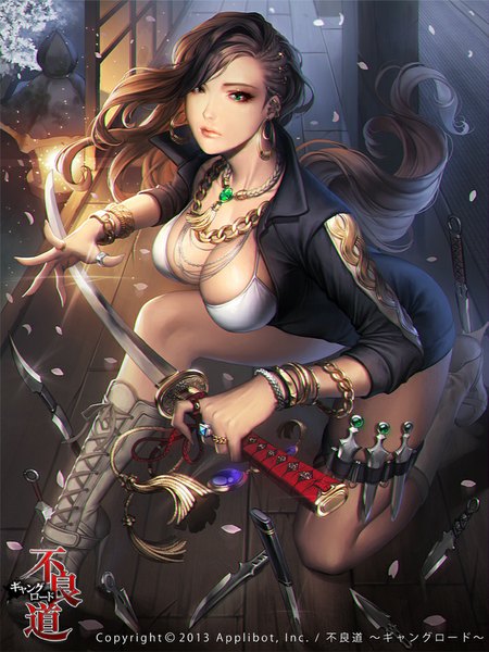 Anime picture 699x933 with furyou michi ~gang road~ love cacao single long hair tall image breasts light erotic black hair green eyes lips girl weapon earrings sword choker boots bracelet katana thigh boots ring
