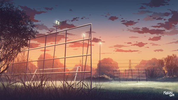 Anime picture 1280x720 with original mclelun wide image signed sky cloud (clouds) no people field plant (plants) tree (trees) grass fence power lines chain-link fence searchlight