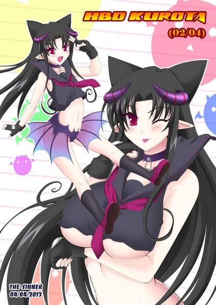 Anime picture 800x1131 with original paracelsus (original) the-sinner long hair tall image blush open mouth light erotic black hair smile red eyes animal ears one eye closed horn (horns) pointy ears wink girl gloves navel tongue