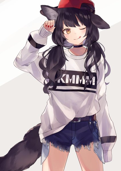 Anime picture 700x990 with original shugao single long hair tall image looking at viewer blush fringe black hair simple background hair between eyes standing twintails brown eyes animal ears tail long sleeves nail polish head tilt animal tail