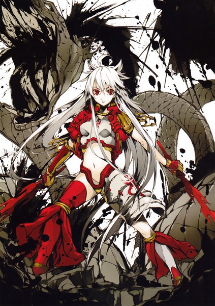 Anime picture 2167x3070 with original eshi 100-nin ten g yuusuke long hair tall image highres red eyes ahoge white hair girl navel weapon armor snake