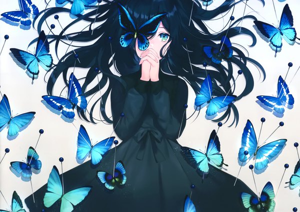 Anime picture 2951x2092 with original achiki single long hair looking at viewer fringe highres black hair simple background lying aqua eyes scan hair over one eye grey background on back gradient background covered mouth hands clasped interlocked fingers covering eye (eyes)
