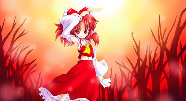 Anime picture 2000x1085 with touhou hakurei reimu cicin (artist) single highres short hair red eyes wide image red hair loli girl skirt bow plant (plants) hair bow detached sleeves tree (trees) skirt set