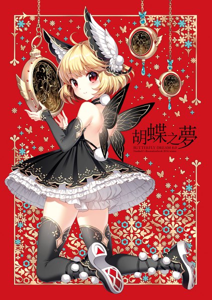 Anime picture 848x1200 with original nardack single tall image blush short hair blonde hair red eyes looking away head wings insect wings butterfly wings girl thighhighs dress black thighhighs detached sleeves wings frills black dress