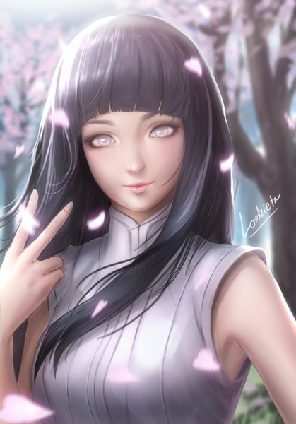 Anime picture 1009x1446 with naruto studio pierrot naruto (series) hyuuga hinata zienu single long hair tall image fringe breasts black hair standing bare shoulders signed upper body outdoors blunt bangs wind lips blurry