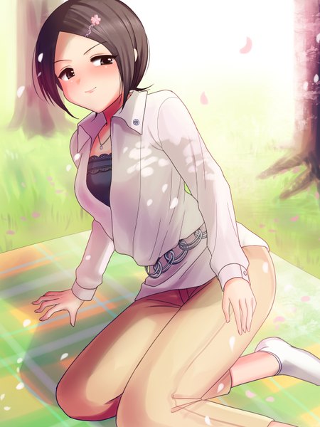 Anime picture 2400x3200 with idolmaster idolmaster cinderella girls tougou ai hitomi (ricca) single tall image blush highres short hair black hair smile brown eyes girl plant (plants) petals tree (trees)