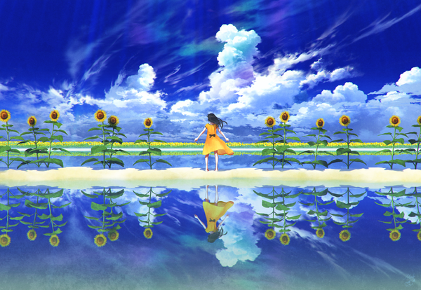 Anime picture 1000x691 with original mocha (cotton) single long hair black hair standing sky cloud (clouds) wind from behind horizon girl flower (flowers) water sundress sunflower