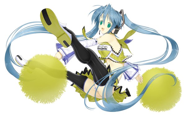 Anime picture 2379x1471 with vocaloid hatsune miku nakabayashi reimei single long hair highres open mouth light erotic simple background wide image white background twintails green eyes aqua hair girl thighhighs black thighhighs