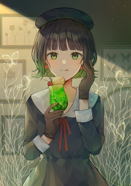 Anime picture 2315x3274 with original nerua single tall image looking at viewer blush fringe highres short hair black hair standing holding green eyes indoors blunt bangs long sleeves multicolored hair green hair sunlight arms up