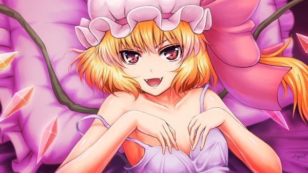 Anime picture 1920x1080 with touhou flandre scarlet nazal (artist) single looking at viewer fringe highres short hair open mouth blonde hair smile red eyes wide image bare shoulders cleavage upper body indoors lying on back girl