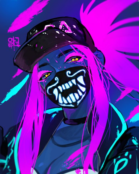 Anime picture 800x1000 with league of legends k/da (league of legends) akali (league of legends) k/da akali alraco single long hair tall image looking at viewer yellow eyes payot pink hair ponytail portrait eyeshadow ultraviolet light girl choker baseball cap surgical mask