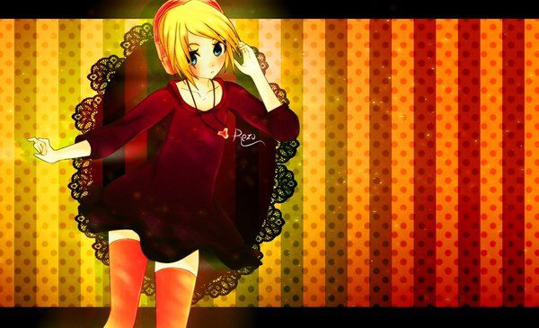 Anime picture 1024x623 with vocaloid kagamine rin rezo-sempai single blush short hair open mouth blue eyes blonde hair wide image girl thighhighs dress headphones