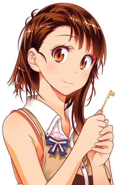 Anime picture 6476x9908 with nisekoi shaft (studio) onodera kosaki starsilvery single tall image looking at viewer blush highres short hair smile brown hair bare shoulders holding brown eyes absurdres upper body fingernails transparent background asymmetrical hair