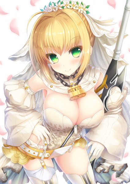 Anime picture 1000x1415 with fate (series) fate/extra fate/extra ccc nero claudius (fate) (all) nero claudius (bride) (fate) taiki ken single tall image looking at viewer blush fringe short hair breasts light erotic blonde hair smile large breasts green eyes cleavage ahoge