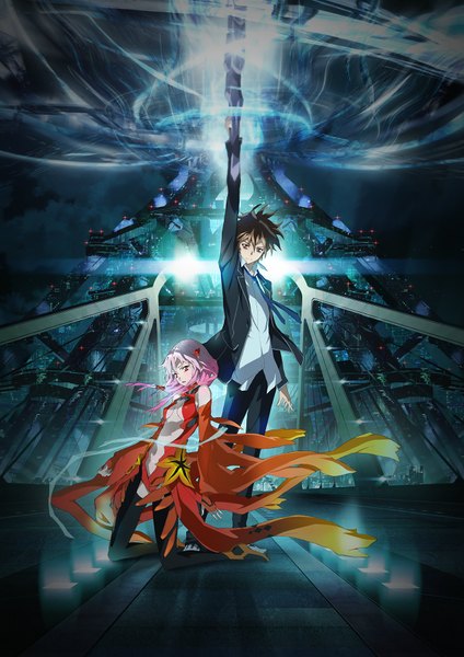 Anime picture 1280x1810 with guilty crown production i.g yuzuriha inori ouma shu katou hiromi long hair tall image highres short hair black hair red eyes pink hair official art magic light center opening girl boy detached sleeves
