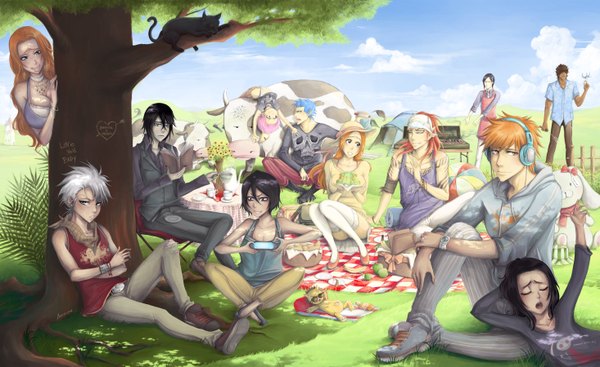 Anime picture 2932x1798 with bleach studio pierrot kurosaki ichigo kuchiki rukia inoue orihime ulquiorra schiffer hitsugaya toushirou shihouin yoruichi abarai renji matsumoto rangiku grimmjow jeagerjaques ishida uryuu kon kusajishi yachiru sado yasutora kurosaki karin long hair blush highres short hair