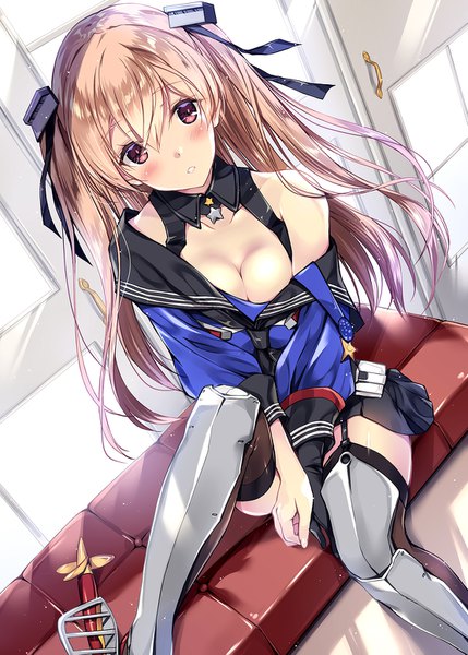 Anime picture 1110x1553 with kantai collection johnston (kantai collection) kobayashi chisato single long hair tall image looking at viewer blush fringe light erotic hair between eyes brown hair brown eyes cleavage bent knee (knees) long sleeves parted lips from above off shoulder two side up