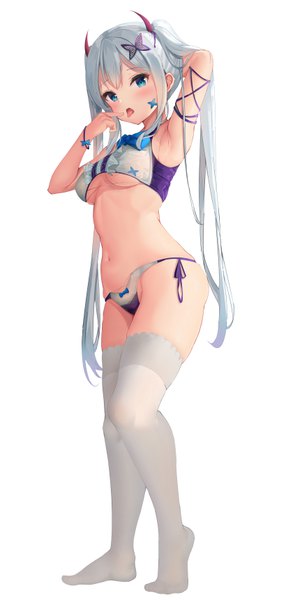 Anime picture 3279x6876 with original bachibachi (tisen) single long hair tall image looking at viewer blush fringe highres breasts open mouth blue eyes light erotic simple background standing white background twintails payot absurdres silver hair
