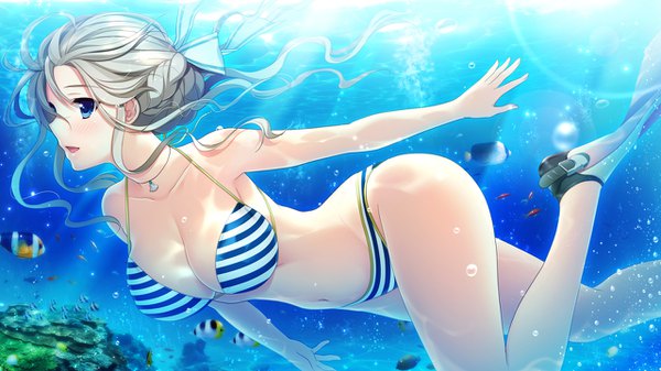 Anime picture 1280x720 with hoshi ori yume mirai okihara misa koizumi amane single long hair breasts open mouth blue eyes light erotic blonde hair wide image large breasts underwater swimming girl navel bow swimsuit hair bow animal