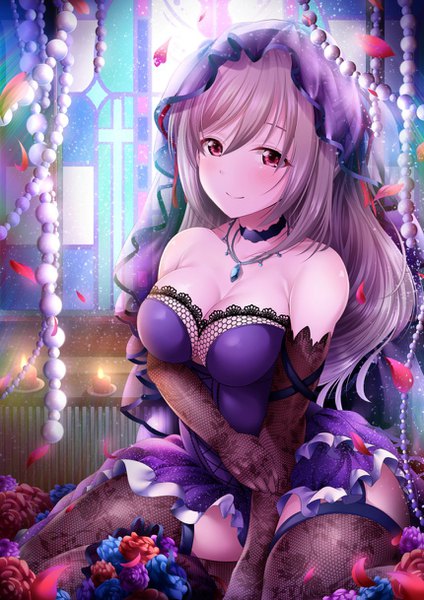 Anime picture 860x1218 with idolmaster idolmaster cinderella girls kanzaki ranko garana single long hair tall image looking at viewer blush fringe breasts light erotic smile hair between eyes red eyes large breasts sitting bare shoulders payot cleavage