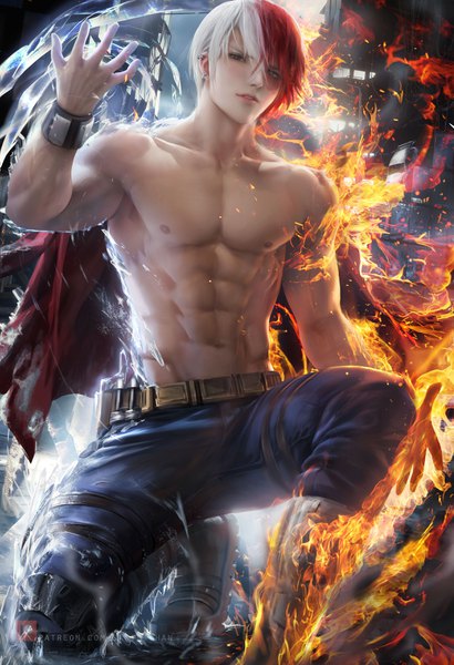 Anime picture 2394x3500 with boku no hero academia studio bones todoroki shouto sakimichan single tall image looking at viewer fringe highres short hair light erotic hair between eyes payot nipples full body white hair red hair parted lips multicolored hair arm up
