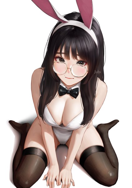 Anime picture 2480x3508 with real life yali zhang jubi (regiana) single long hair tall image looking at viewer fringe highres breasts light erotic black hair simple background large breasts white background sitting signed animal ears cleavage from above