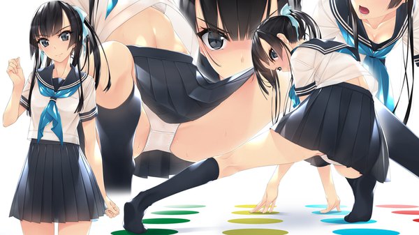 Anime picture 1600x900 with original murakami suigun long hair looking at viewer blush fringe open mouth light erotic black hair simple background hair between eyes wide image white background payot cleavage bent knee (knees) ass ponytail blunt bangs pleated skirt