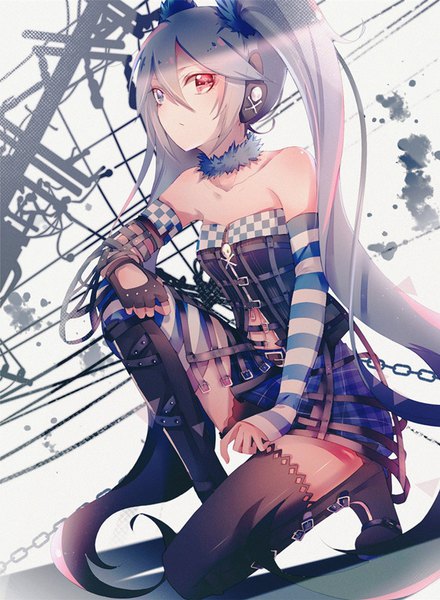 Anime picture 587x800 with project diva project diva x vocaloid hatsune miku bananaxcs7 single tall image looking at viewer fringe blue eyes hair between eyes red eyes twintails bare shoulders payot blue hair heterochromia kneeling plaid skirt striped
