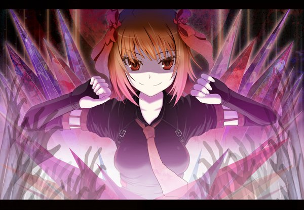 Anime picture 1103x763 with idolmaster amami haruka akabane (zebrasmise) single looking at viewer short hair smile brown hair orange eyes letterboxed punkish gothic girl gloves bow hair bow hands