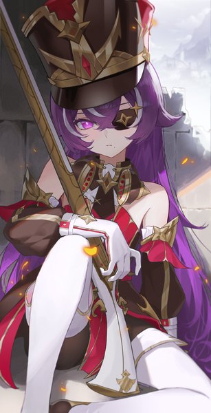 Anime picture 2480x4851 with genshin impact chevreuse (genshin impact) gmirror1 single long hair tall image looking at viewer fringe highres hair between eyes sitting purple eyes purple hair multicolored hair streaked hair girl gloves hat detached sleeves boots