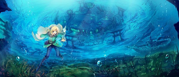 Anime picture 2193x945 with leadale no daichi nite cayna  (leadale no daichi nite) tenmaso highres short hair open mouth blue eyes blonde hair smile wide image multiple girls looking away full body bent knee (knees) :d official art underwater fantasy fairy novel illustration