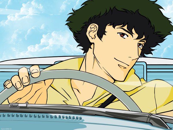 Anime picture 1600x1200 with cowboy bebop sunrise (studio) spike spiegel kawamoto toshihiro swordfish-ii single looking at viewer short hair red eyes signed cloud (clouds) upper body green hair light smile vector third-party edit boy ground vehicle car
