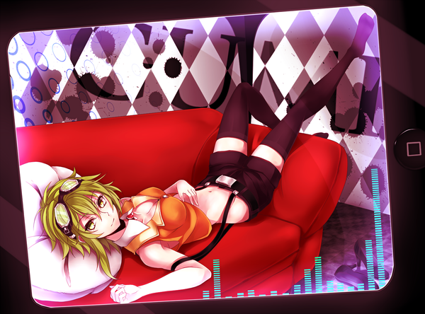 Anime picture 1400x1036 with vocaloid gumi single looking at viewer fringe short hair breasts green eyes lying green hair midriff on back goggles on head girl thighhighs navel black thighhighs shorts belt pillow