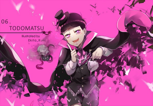 Anime picture 1200x833 with osomatsu-san matsuno todomatsu ekita xuan single looking at viewer fringe short hair open mouth black hair simple background signed pink eyes character names pink background vampire boy hat animal cape cup