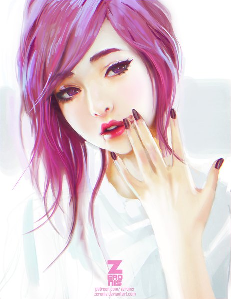 Anime-Bild 850x1100 mit original paul (shiramune) single tall image looking at viewer blush fringe short hair simple background white background purple eyes signed pink hair nail polish head tilt fingernails lips realistic grey background lipstick