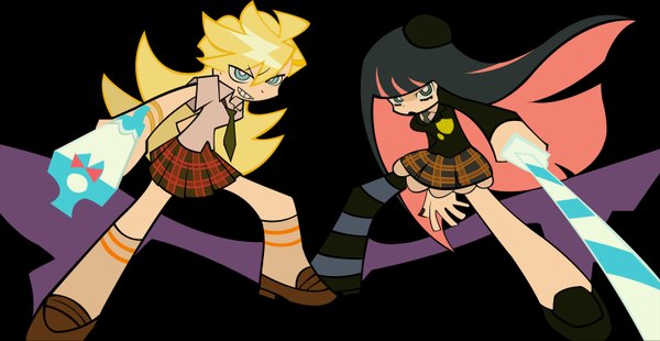 Anime picture 3000x1554 with panty & stocking with garterbelt anarchy stocking anarchy panty long hair highres black hair blonde hair wide image multiple girls multicolored hair grin black background colored inner hair girl thighhighs skirt weapon 2 girls sword necktie