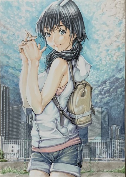 Anime picture 600x841 with tenki no ko amano hina (tenki no ko) katsu single long hair tall image looking at viewer fringe breasts blue eyes black hair smile hair between eyes standing twintails bare shoulders sky cloud (clouds) outdoors city