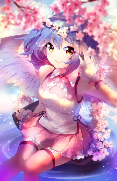 Anime picture 809x1250 with original phyrnna (squadra) squchan single tall image looking at viewer blush fringe short hair breasts smile hair between eyes sitting yellow eyes blue hair pleated skirt arm up from above wind sunlight