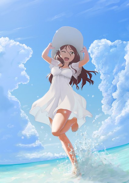 Anime picture 1191x1684 with love live! sunshine!! sunrise (studio) love live! sakurauchi riko une single long hair tall image looking at viewer fringe open mouth smile hair between eyes standing brown eyes sky cloud (clouds) full body outdoors red hair