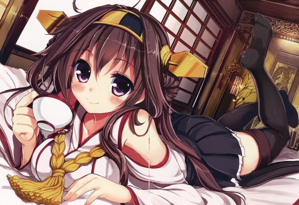 Anime picture 4308x2964 with kantai collection kongou battleship akabane rin single long hair looking at viewer blush fringe highres breasts smile brown hair purple eyes absurdres ahoge indoors lying traditional clothes japanese clothes scan