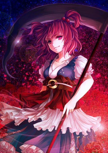 Anime picture 868x1226 with touhou onozuka komachi awa toka single tall image looking at viewer short hair red eyes red hair two side up girl dress hair ornament flower (flowers) weapon scythe higanbana