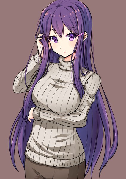 Anime picture 1448x2048 with doki doki literature club yuri (doki doki literature club) yacchomo89 single long hair tall image looking at viewer blush fringe simple background purple eyes purple hair adjusting hair breast hold girl sweater turtleneck ribbed sweater