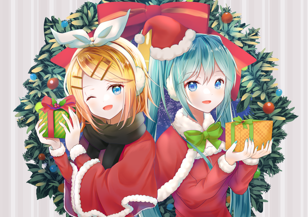 Anime picture 2047x1447 with vocaloid hatsune miku kagamine rin azu (azuazu 0405) long hair looking at viewer highres short hair open mouth blue eyes blonde hair twintails multiple girls holding upper body nail polish :d one eye closed aqua hair christmas