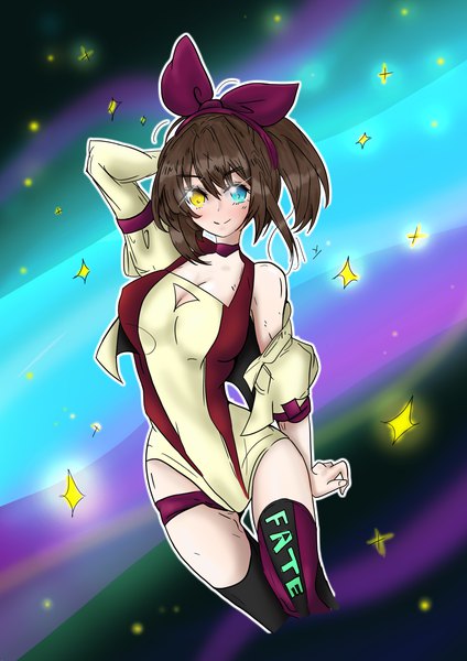 Anime picture 4961x7016 with original rainbow d fox single tall image looking at viewer blush fringe highres short hair breasts blue eyes smile hair between eyes brown hair yellow eyes payot absurdres arm up off shoulder heterochromia