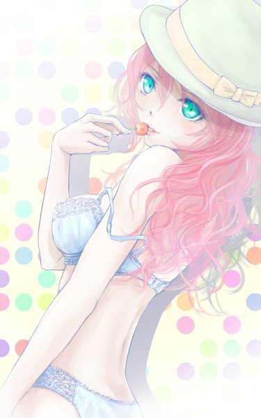 Anime picture 626x1000 with original nuwanko single long hair tall image looking at viewer fringe light erotic smile holding pink hair lips underwear only wavy hair girl underwear panties bow hat food