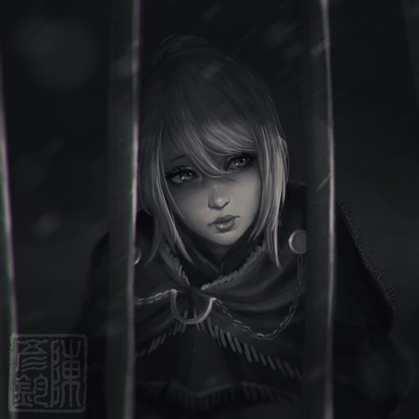 Anime picture 1024x1024 with dark souls (series) dark souls from software anastacia of astora koyoriin single fringe short hair signed looking away lips monochrome snowing girl cape