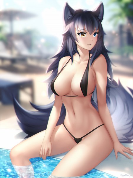 Anime picture 750x1000 with kemono friends grey wolf (kemono friends) gigamessy single long hair tall image blush fringe breasts blue eyes light erotic black hair smile hair between eyes large breasts sitting bare shoulders signed animal ears yellow eyes