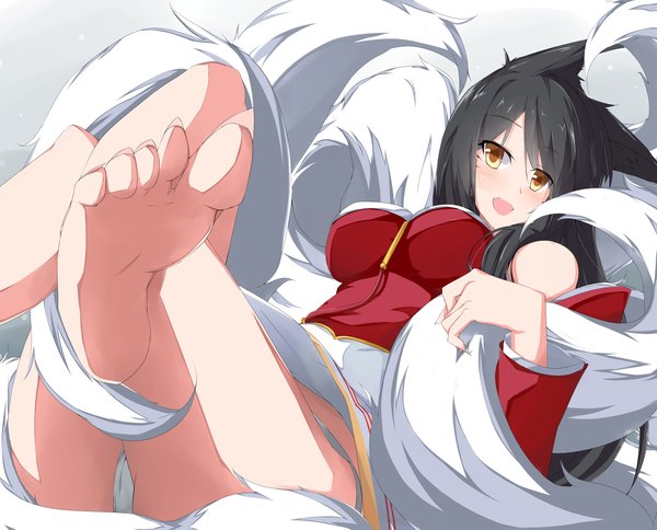 Anime picture 3070x2480 with league of legends ahri (league of legends) qca012005 single long hair blush highres breasts open mouth light erotic black hair simple background brown eyes animal ears absurdres tail traditional clothes animal tail pantyshot fox ears