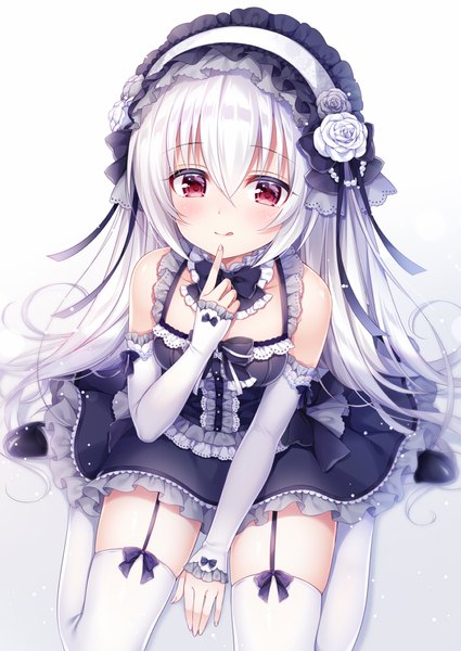 Anime picture 700x987 with original mitsuba choco single long hair tall image looking at viewer blush fringe simple background hair between eyes red eyes sitting silver hair gradient background finger to mouth wariza between legs lolita fashion :q girl